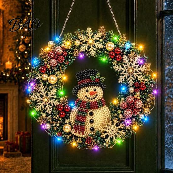 Festive Door Hanging Ornament DIY Acrylic Christmas Faux Pearl Art Kit, Lighted Wreath 3D Beaded Craft Mantelpiece Kit with LED String Light, Beginner