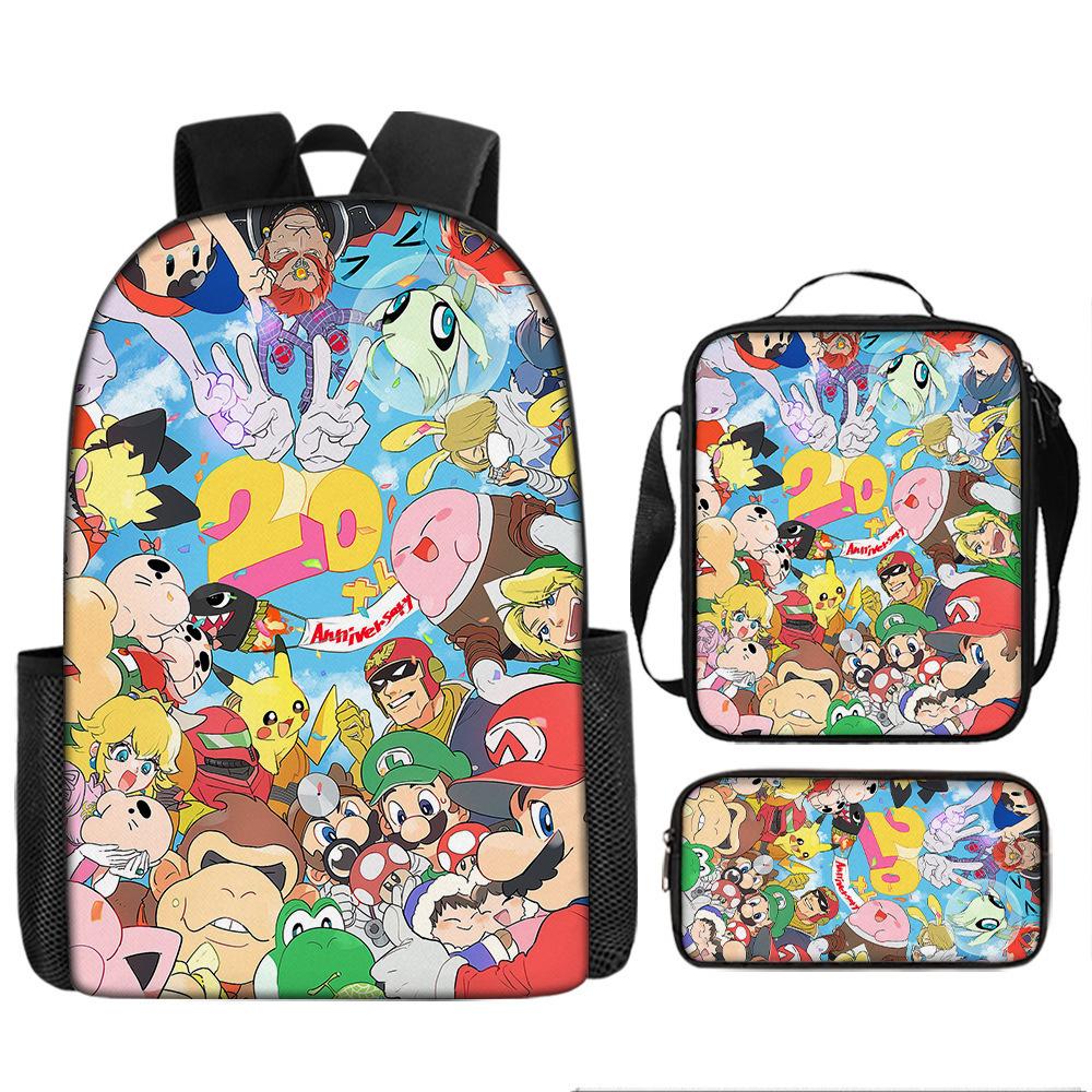 Cartoon Mario New Design Kids Backpack Set for Elementary Students Large Capacity Casual Schoolbag 3-Piece Set