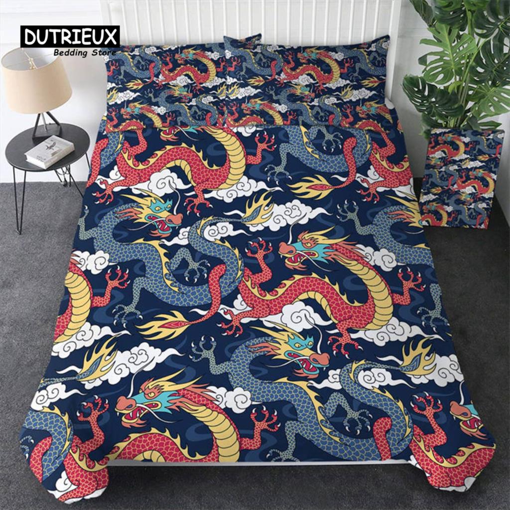 3D Dragon Duvet Cover Microfiber Blue Clouds Twin Bedding Set Chinese Historical Eastern Dragon Comforter Cover With Pillowcases