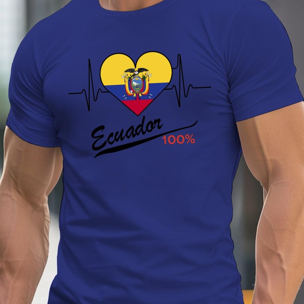 Ecuador Flag Heartbeat Love Mens Graphic Cotton Crew Neck Short Sleeve T Shirt Casual Summer Tee