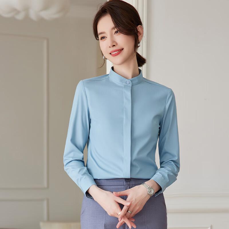 Teluoman Women's Professional Long-Sleeve Stand-Collar Blouse