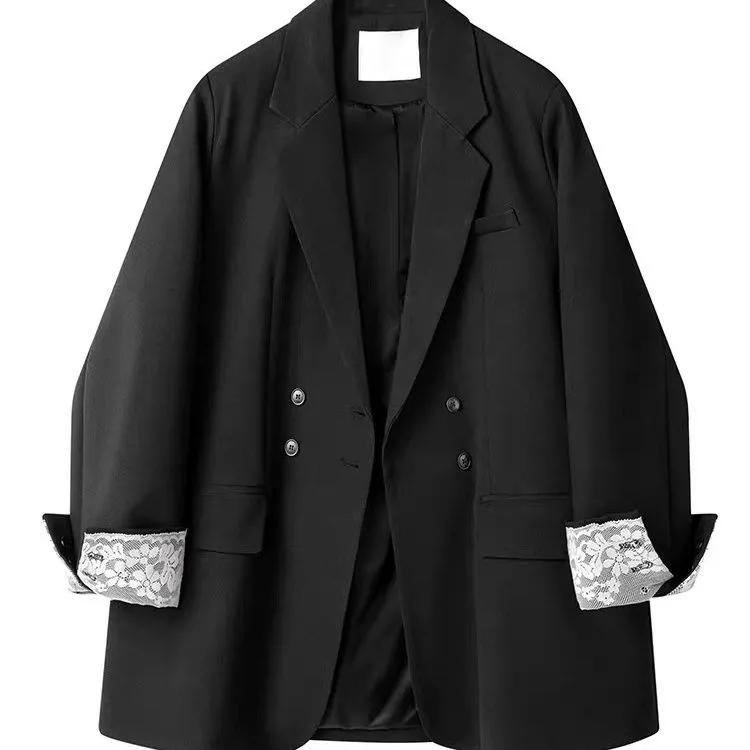

Women Spring Autumn Blazer Lace Patchwork Long Sleeve Suit Design Office Lady Blazers Coat XXS чорний