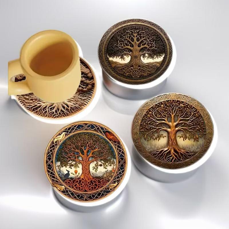 Tree of Life 8-Piece Wooden Heat-Insulating Non-Slip Coaster Set