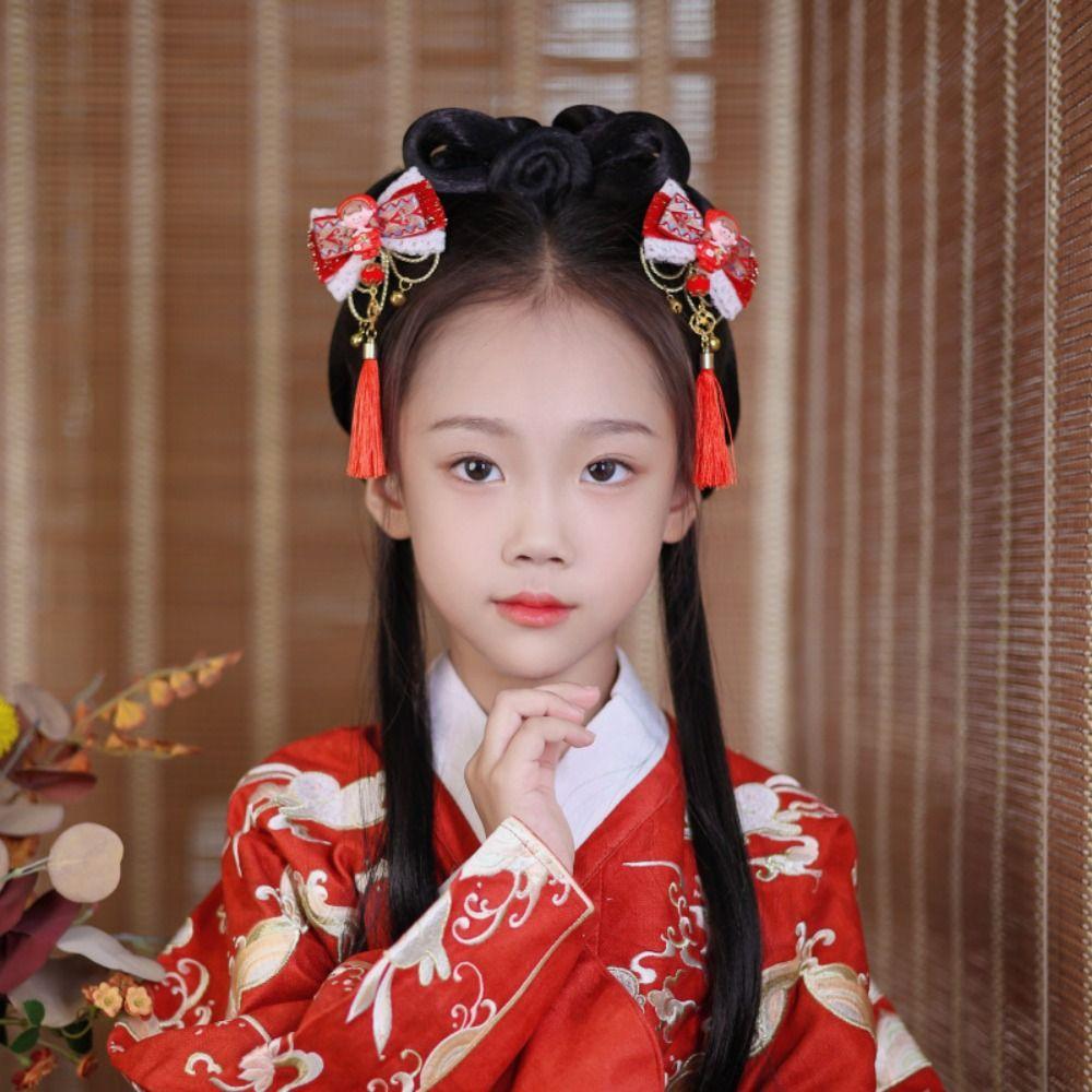 Tassel Chinese New Year Headwear Plush Ancient Style Hairpin Children Red Bow Hairpin  Children