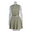 Women's  Spring Summer New Cotton Linen Casual Set Crew Neck Vest + Pleated Mini Skirt Outfit European American Style