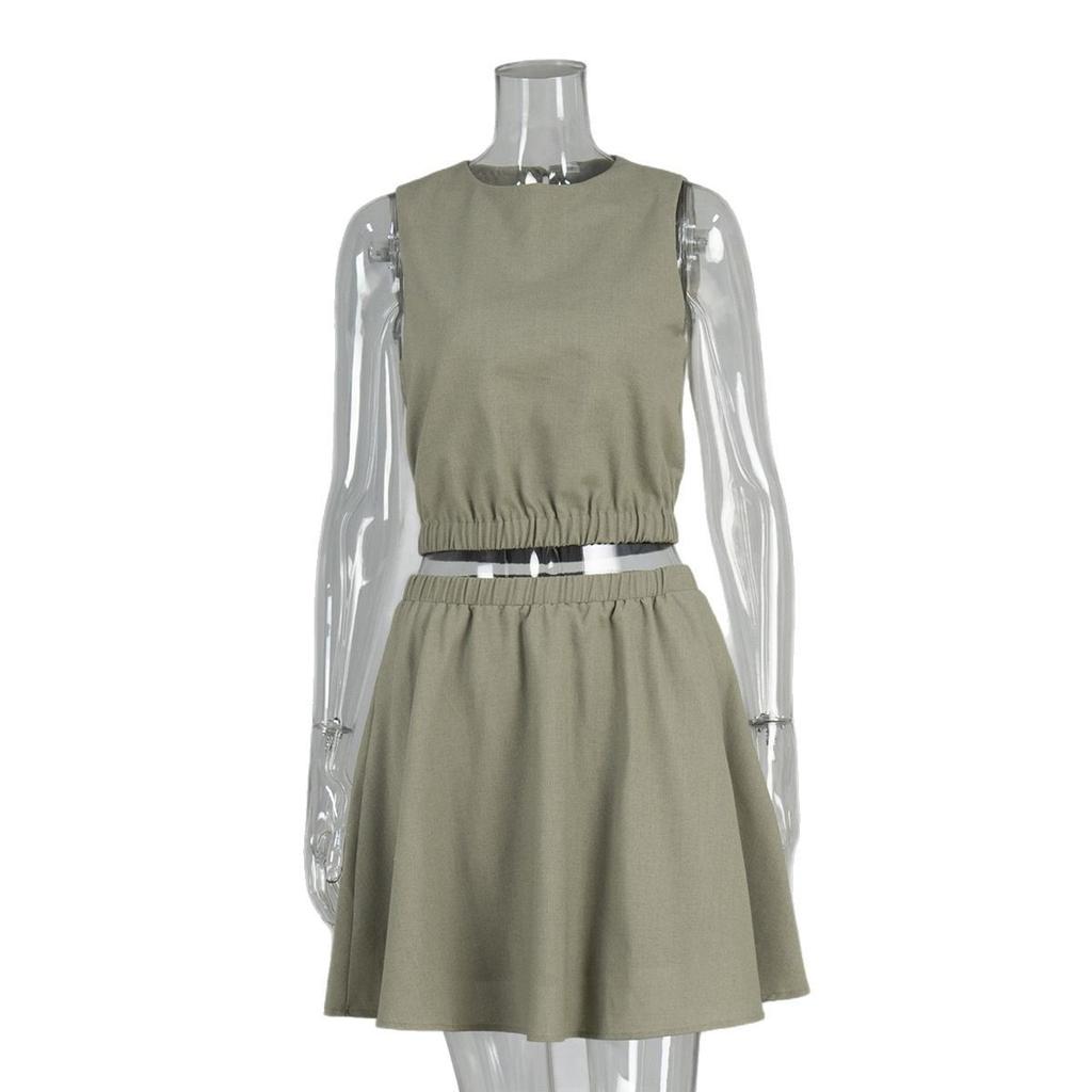 Women's  Spring Summer New Cotton Linen Casual Set Crew Neck Vest + Pleated Mini Skirt Outfit European American Style