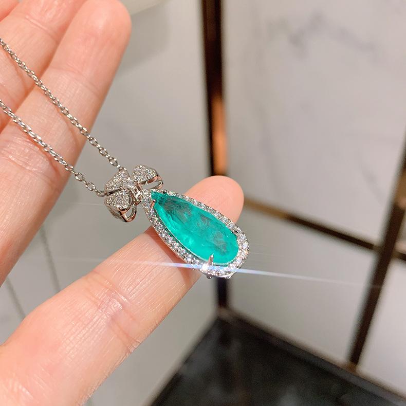New Simulation Paraiba Necklace Ear Hanging Emerald Pear Shaped Banquet Jewelry Set 8X20