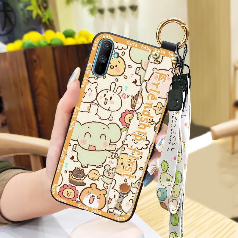Fashion Design Waterproof Phone Case For OPPO Realme C3/C3i/Narz N10A Kickstand Lanyard Wrist Strap Ring Anti-knock Cute