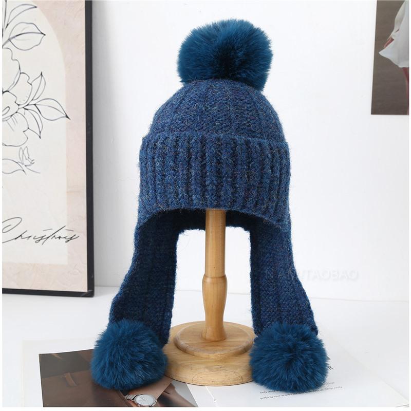 Winter Korean Thickened Hairball Ear Protection Knitted Bomber Hat Women Simple Casual Windproof Warm Small Face Wool Beanie Cap