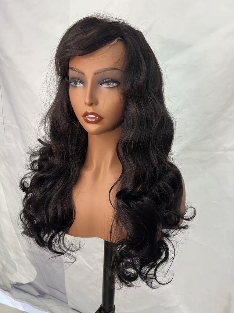 SDD 250% Density Super Quality 4*4 Closure Fringe Bang Wig Brazilian Hair Transparent Lace Bouncy Wave for Black Women