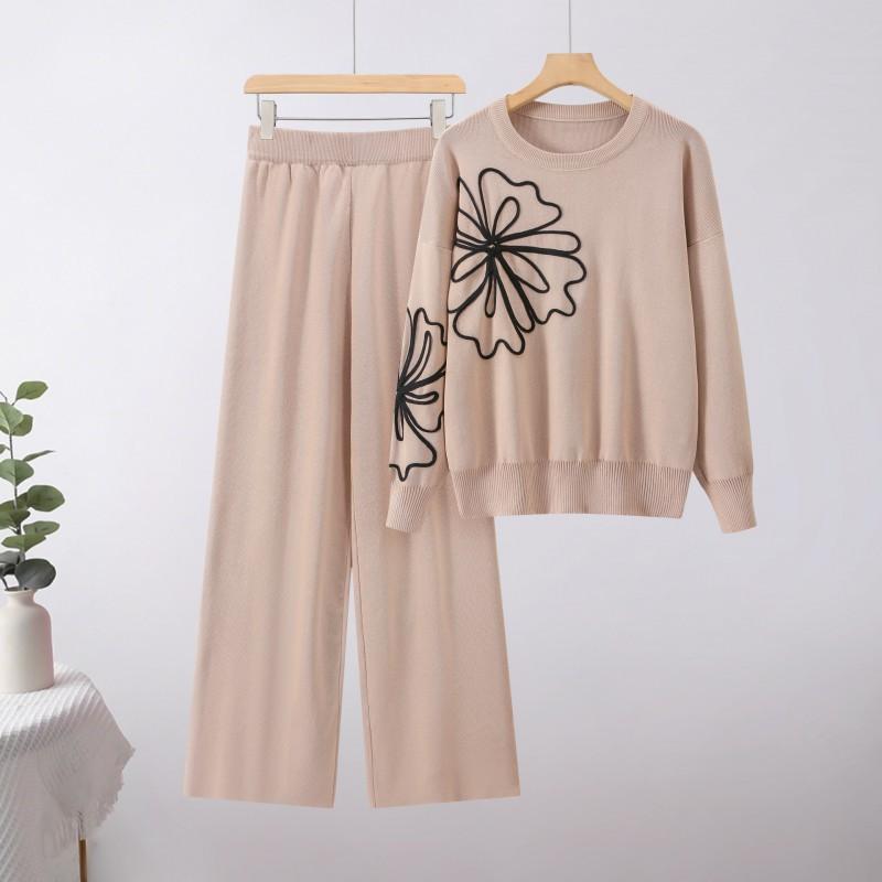 Suéter Suave de Cuello Redondo Top Casual Pantalones Anchos Holgados Traje de Dos Piezas