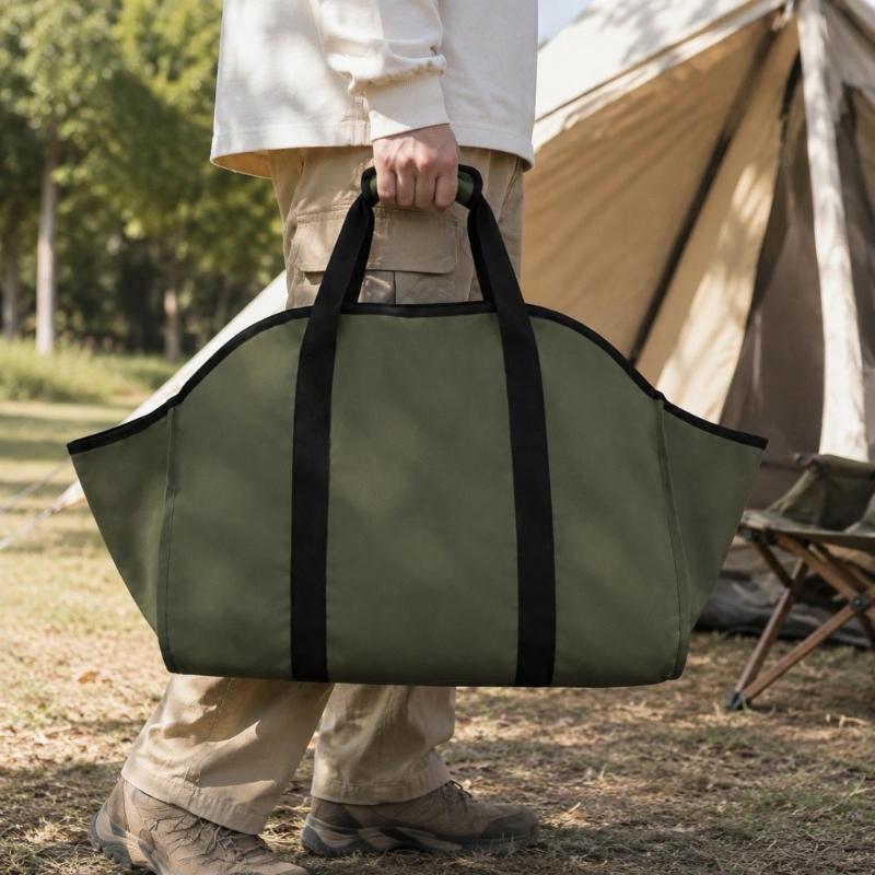 Folding Firewood Bag with a Broad Opening and Reinforced Handles for Hearth, Fire Pit, Camping, and Cabin Wood Transport