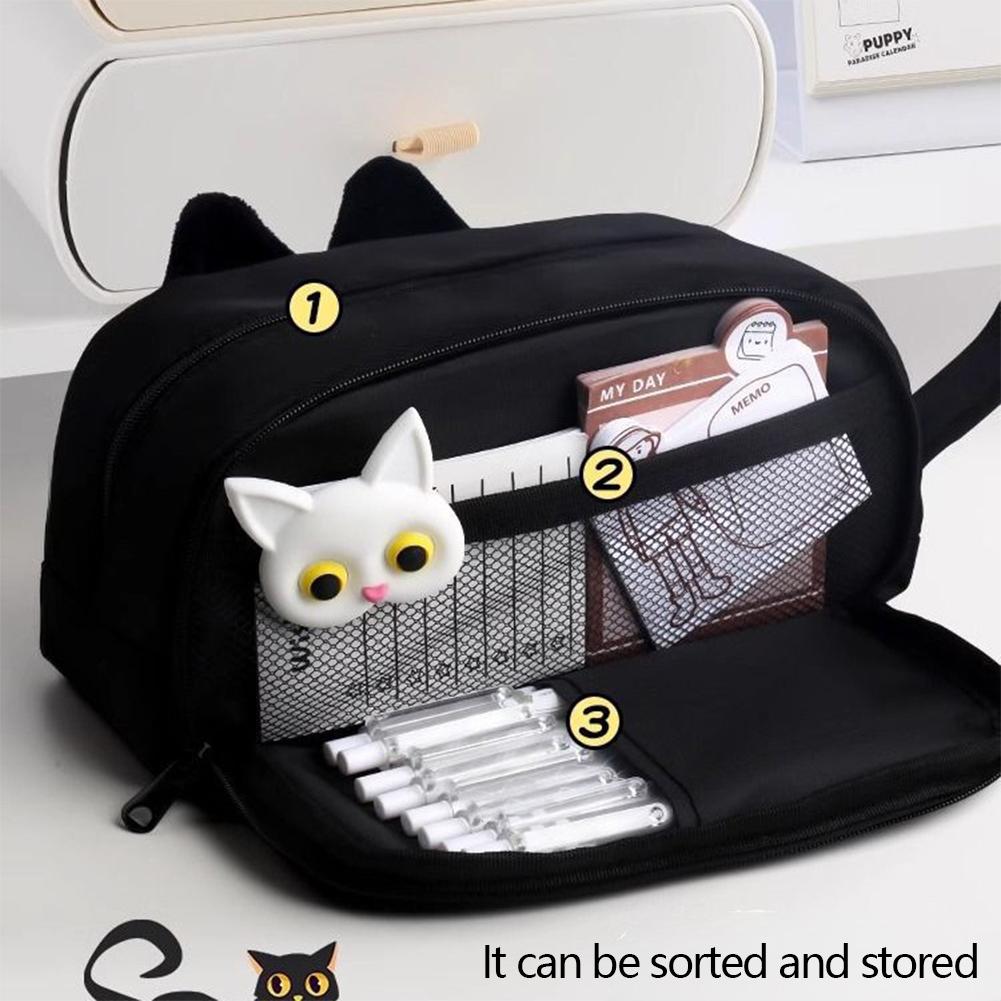 Cute Cartoon Plush Ears Cat Stationery Bag Large Capacity High Beauty Design Pen Bag Simple Storage Bag Gifts School Supplies