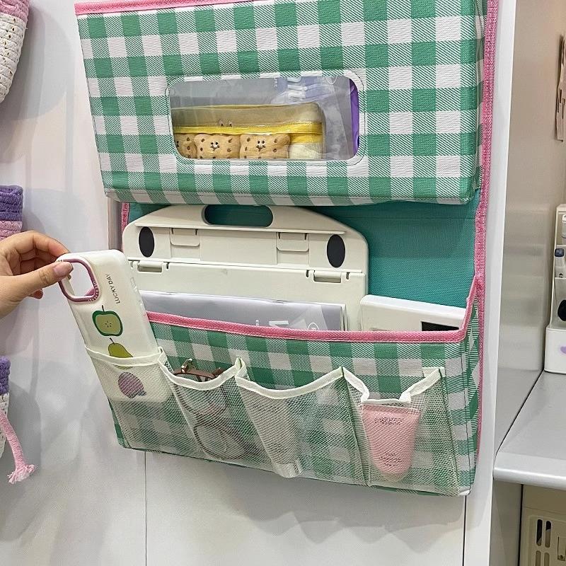 Nordic Lattice Multifunctional Bedroom Wall Storage Hanging Bag Organizer Bedside Door Multi-layer Hanging Storage Basket Fabric