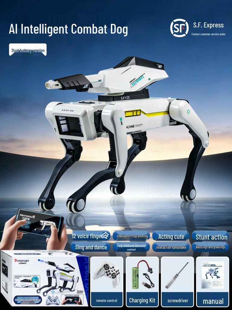 Smart AI Robot Dog with Voice Dialogue, Remote Control, Call Function, Item Pickup & Cannonball Shooter