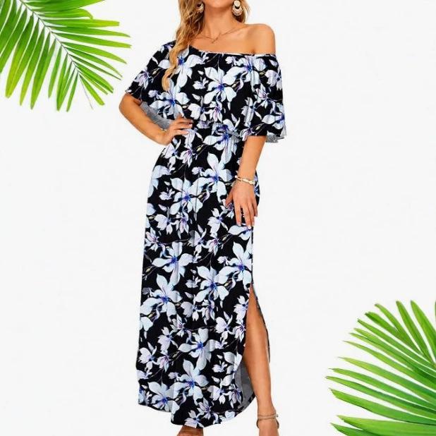 European and American summer new printed one-word shoulder short-sleeved long dress
