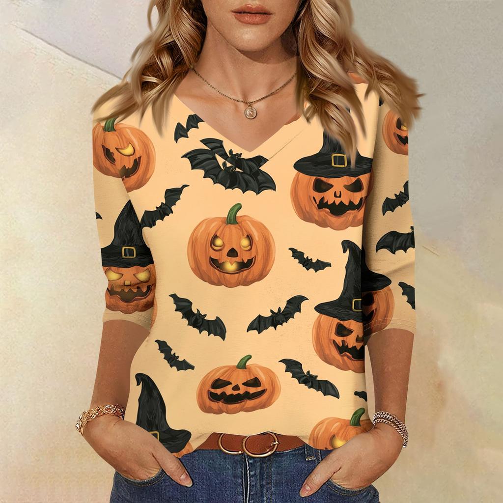 Women's Casual Halloween Print V Neck Three Quarter Sleeve Top Lightweight Loose Fit Pullover Shirt for Fall Seasonal Wear