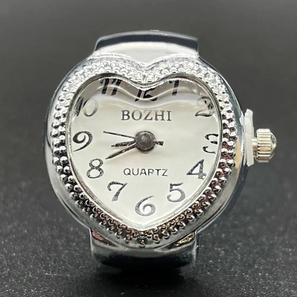 

Cool Vintage Rings Jewelry Clock Heart Shape Punk Roman Quartz Watch Adjustable Mini Elastic Strap Finger Watch Ring Couple серебряный