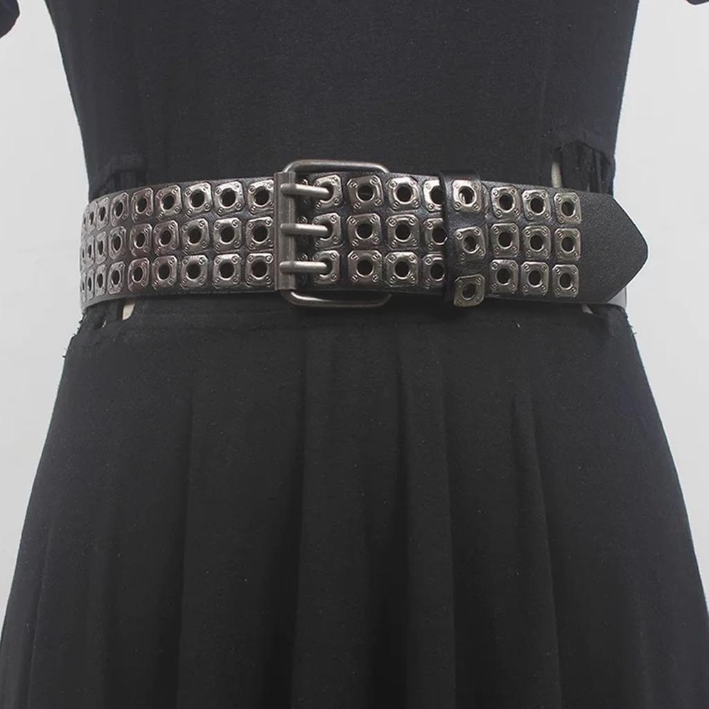 Lamerry Black 3-Row Studded Belt, Eyelet and Rivet Design, Approx. 110 cm, Unisex Y2K Style