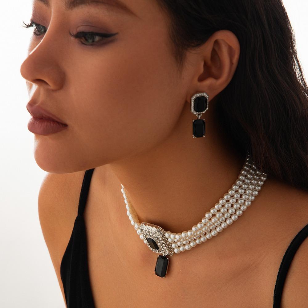 Luxury Pearl Multilayer Necklace Imitation Choker Necklace Set Rhinestone Necklace Earrings  Girls