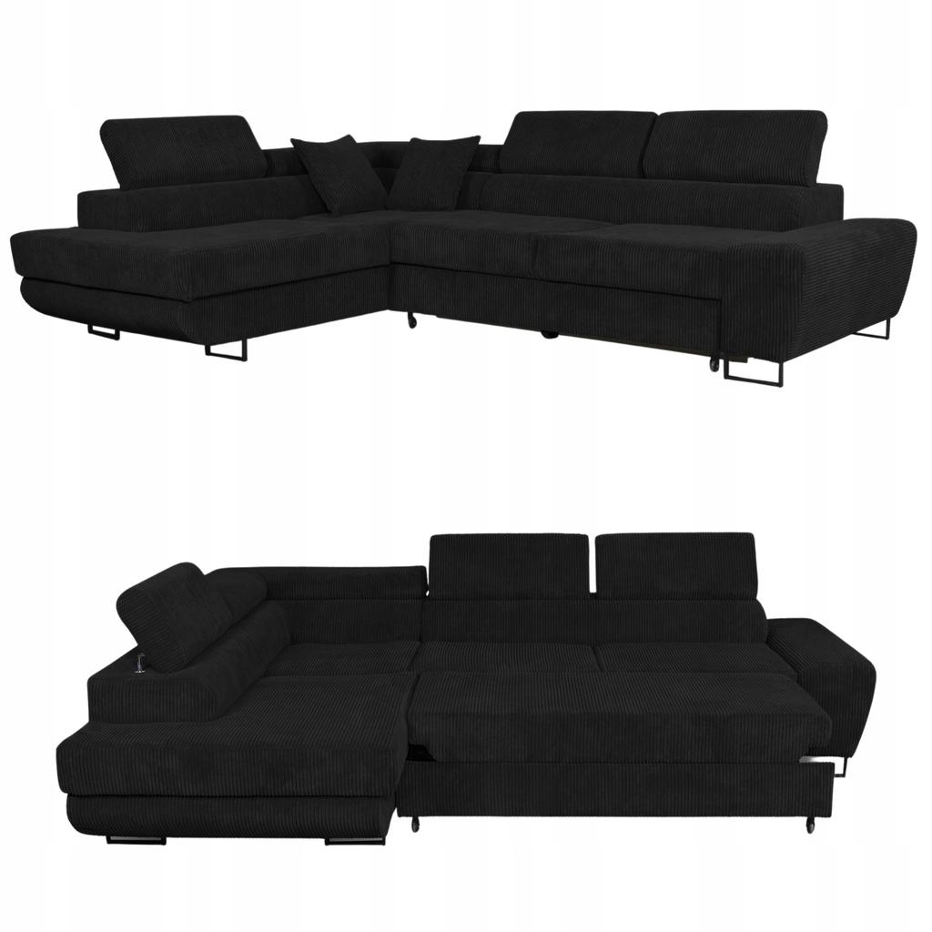 Corner Sofa, Foldable, F, Sleeping, Savio, Left, Family Furniture, Black, Corduroy