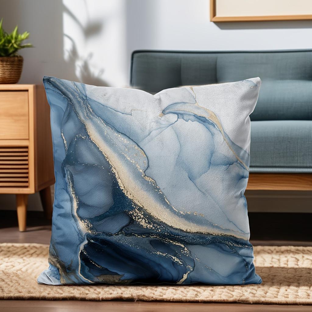 4pcs Blue Marble Pillow Covers 45x45cm Abstract Fluid Art with Gold Veins On White Base for Sofa Bed Decor Cotton Blend