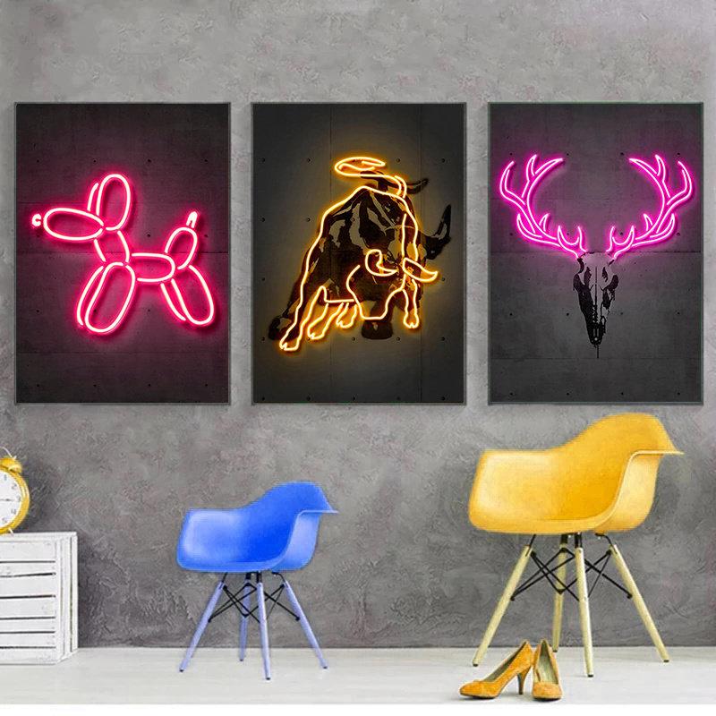 Neon Art Animals Canvas Prints Paintings Abstract Tiger Zebra Balloon Dog Bull Graffiti Posters Unique Home Bar Wall Art Decor