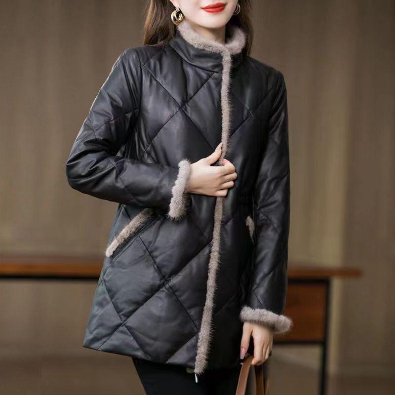 Women Winter Medium Long Stitching Leather Coat Stand-up Imitation Mink Fur Collar Cotton-Padded Jacket Temperament Warm Overcoat