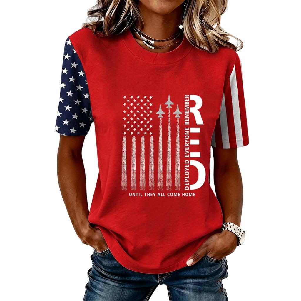 Women Casual Short Sleeve T Shirt Crew Neck Letter Print Top Stars and Stripes Sleeve Design Comfortable Fit