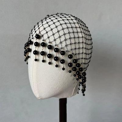 Elegant Pearl Tassel Hair Hat Pearl Tassels Hollow Out Pearl Weave Hat Fishnet Mesh Soft Handmade Pearl Hat Bridal Accessories