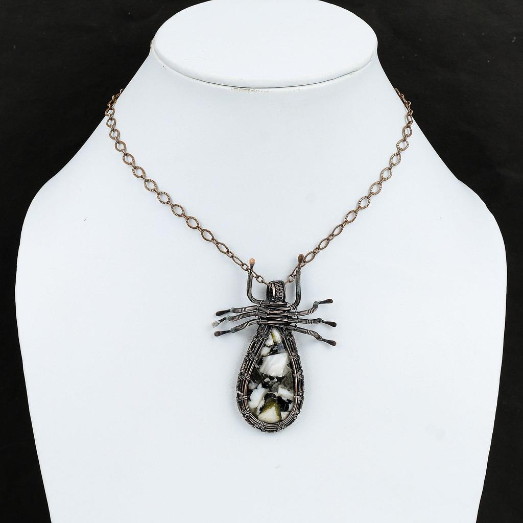 Pandantiv Cupru Negru & Turcoaz Alb Pandantiv cu Piatră Prețioasă Înfășurat în Sârmă de Cupru Pandantiv Păianjen Bijuterii din Cupru Pentru Cadou Pandantiv Designer Handmade