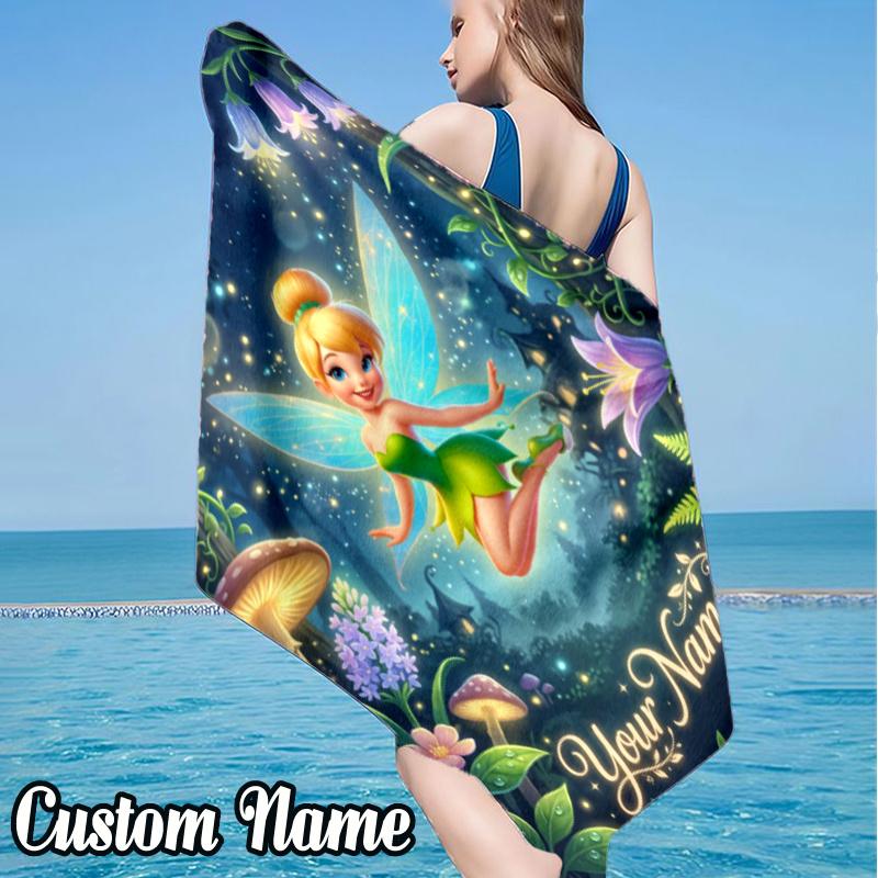 Custom Name Tin-ker Bell Beach Towel - Soft, Ultra-Absorbent Microfiber, Lightweight, Perfect for Beach, Parties, Travel, Camping