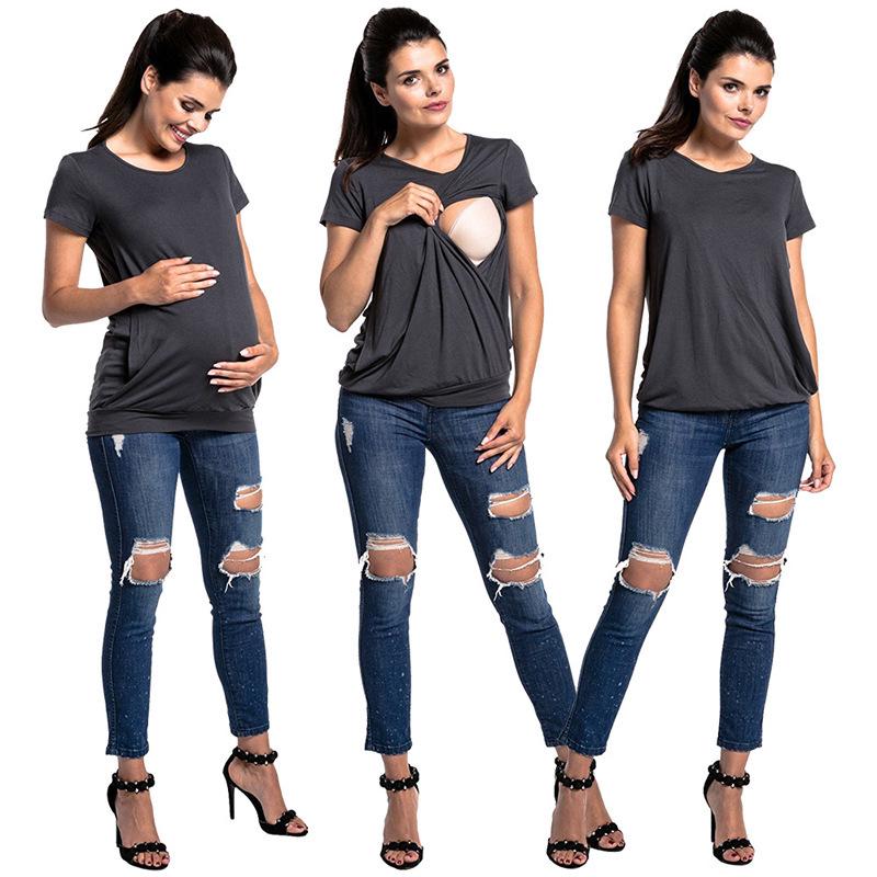2024 European & American Spliced Round Neck Short Sleeve Maternity Nursing T-Shirt