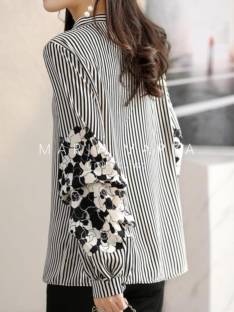 MARIA MARFA Floral and Striped Soft and Women's Blouse, Fluffy, Office-Ready, Neat, Cute, Modern, Spring, Black, 5S-M09-BKXL