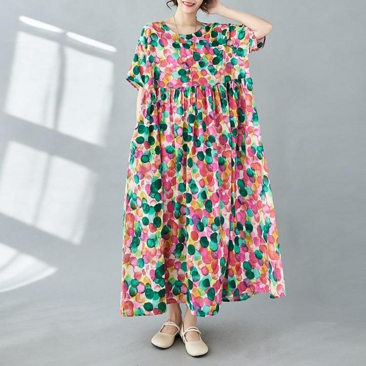 New Vintage Floral Plus Size Cotton Dress Casual Loose Long Summer Short Sleeve for Women
