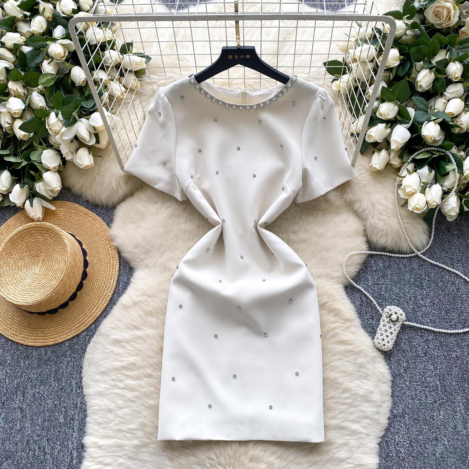 

Летние женские платья мини с коротким рукавом, роскошной отделкой бисером и бриллиантами, однотонные M абрикосовый