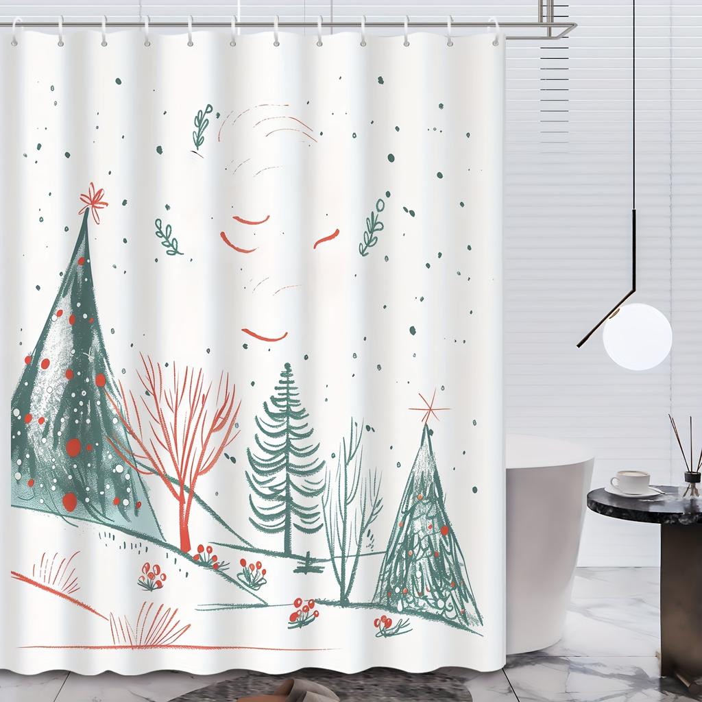 Christmas Cartoon Winter Forest Shower Curtain - Green Tree Illustration, 12 Hooks, Bathroom Decor