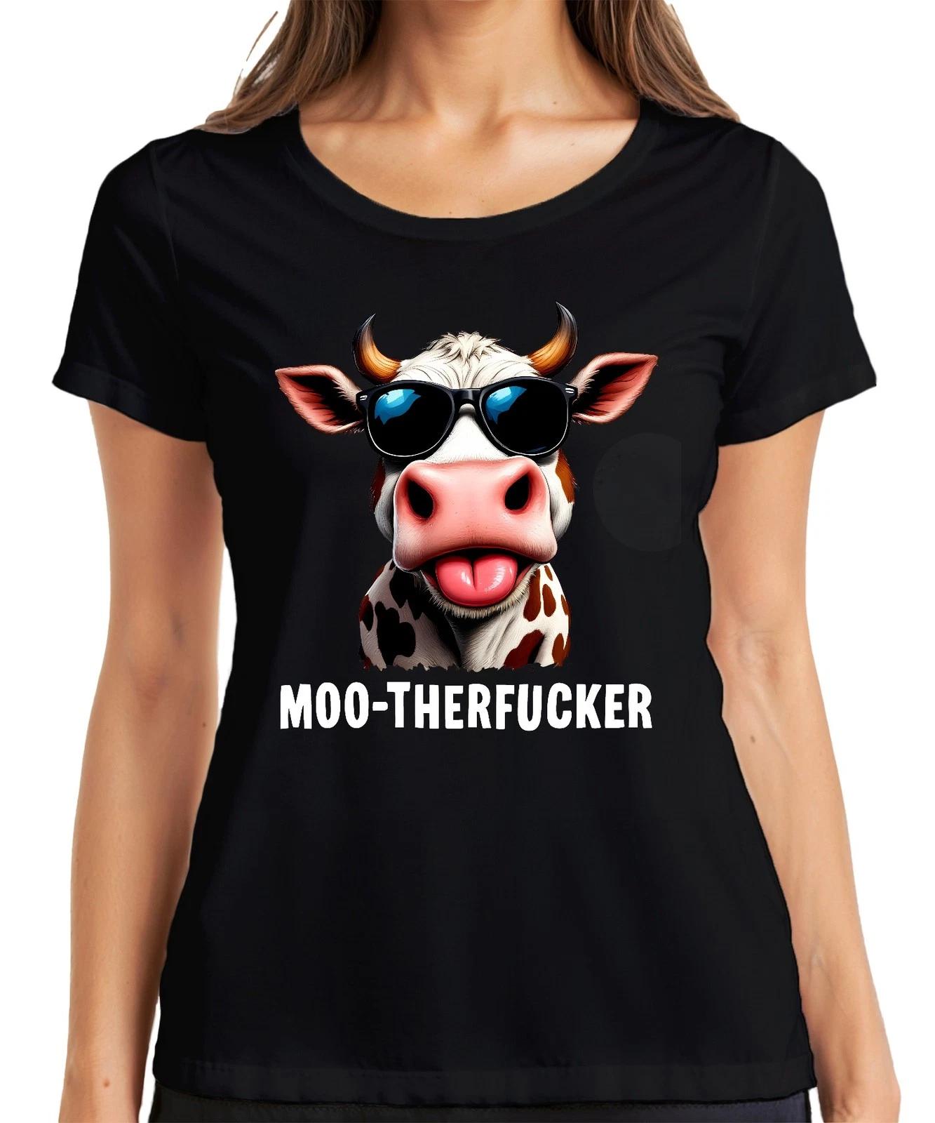 MOO-THERFUCKER Lustige Kuh Bauernhof Sonnenbrille Frech Humor Damen T-Shirt XXXXL