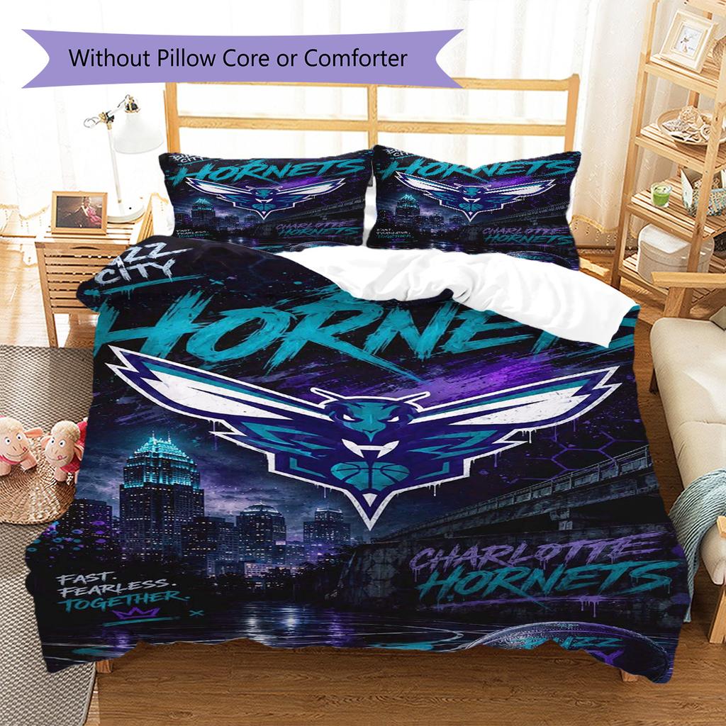 Charlotte Hornets Muster Bettwäsche Set Bettbezug Kissenbezug Heimdeko Geschenk (1 Bettbezug + 2 Kissenbezüge, ohne Füllung)