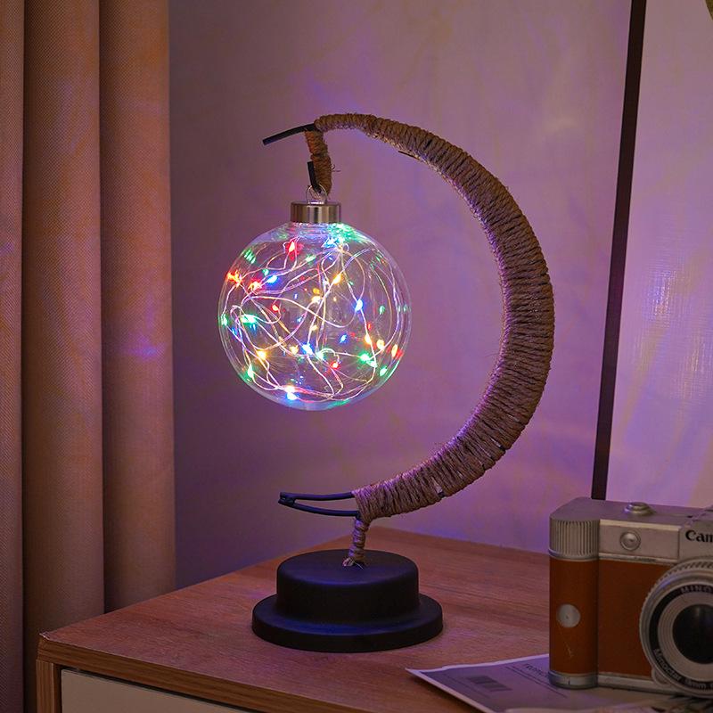 LED Star and Moon Vine Ball Desk Lamp with Hemp Rope and Iron Art - USB Decorative Night Light