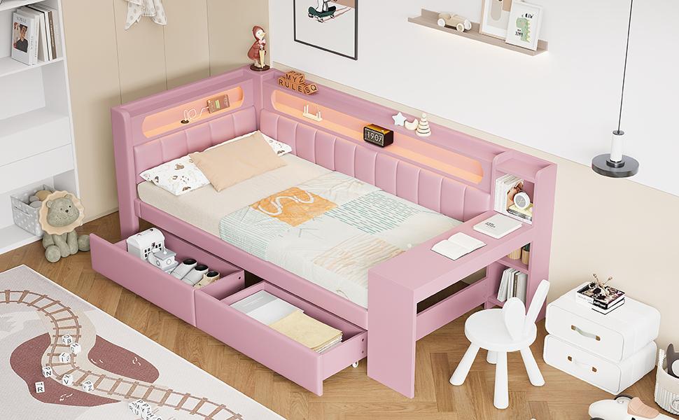 Gepolstertes 90x200 Tagesbett mit USB-Anschlüssen und LED-Streifen, mit Schreibtisch und 2 Schubladen, Pink