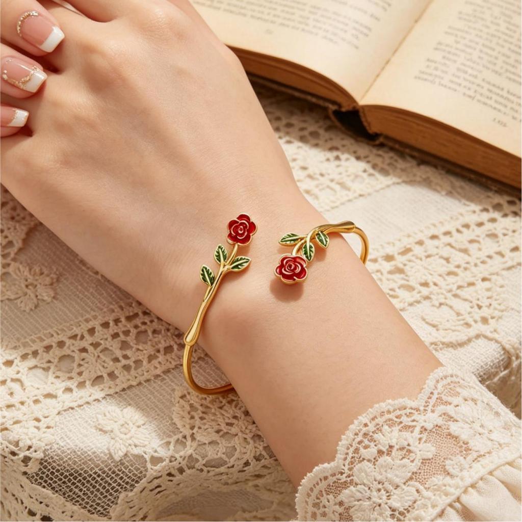 Retro 3D Rose Daisy Camellia Bracelet Set: Women's Enamel Openable Bangle – Elegant Cross-border Style