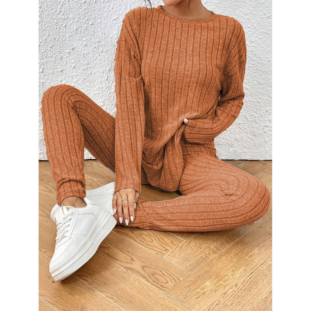 Casual O-neck Two Piece Set Women Outfits Autumn Winter Fashion Solid Knitted Long Sleeve Sweater Elegant Loose Pants Suit