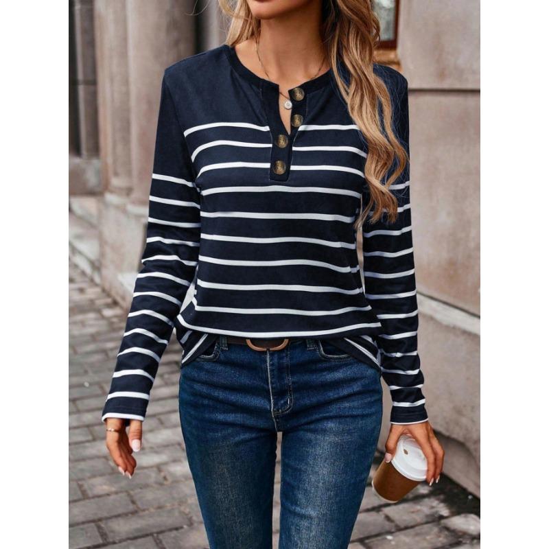Women's Spring and Autumn New Fashion Versatile Striped Contrast Button Casual Long-sleeved T-shirt