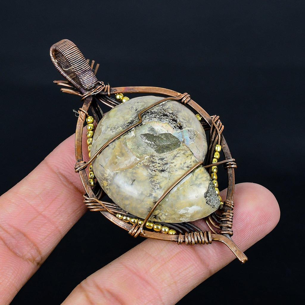 Ammonite Fossil 999 Copper Wire Wrapped Pendant, Handmade Gemstone Jewelry Pendant For Memorial Day