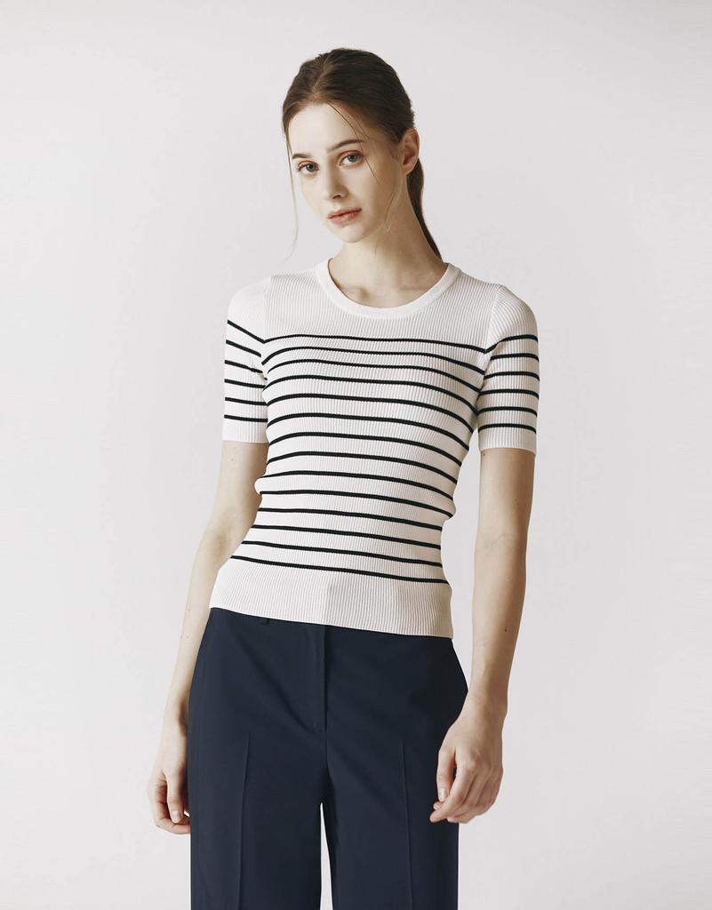 GIORDANO Striped Ribbed Short Sleeve Knit (12Gg) 354516 [4Color]