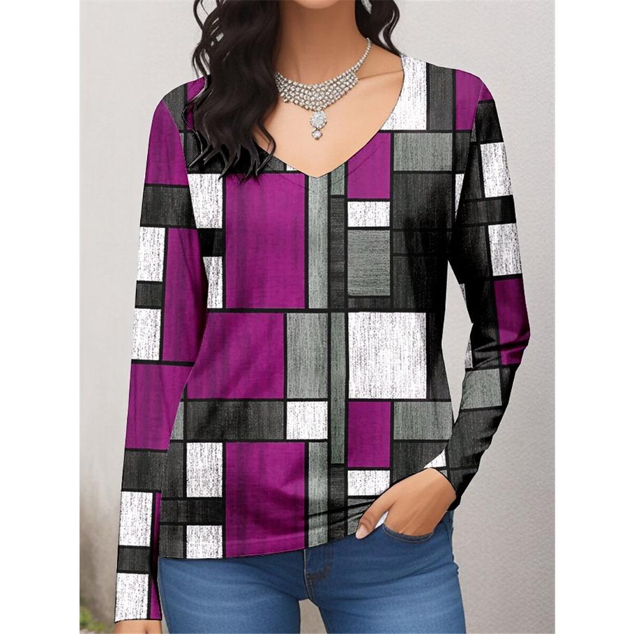 Women's T-shirt Plaid 3D Printed Long Sleeved Casual Daily Tops Fashion V-neck for Spring and Autumn T-shirts