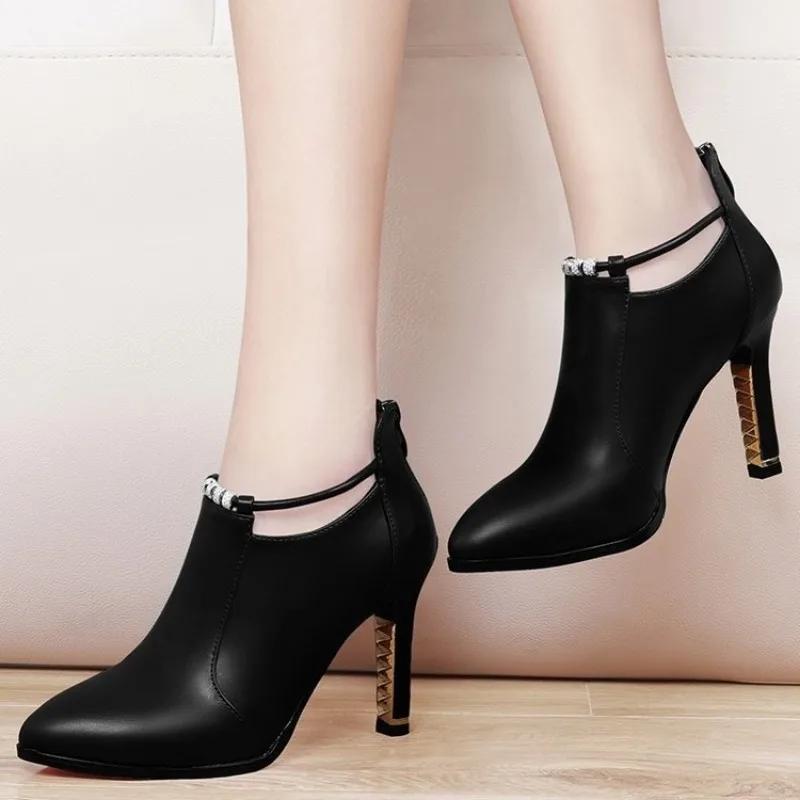 Great Quality Boots Women High Heels Pointed Toe Women's Shoes Red Shoes Gold Decor Thin Heels Slip-on Ladies Modern Boots