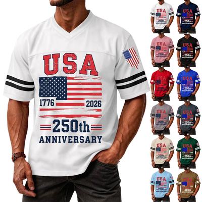 Men's V Neck Athletic Jersey Short Sleeve Shirt Casual Fit 250th Anniversary Graphic Print USA 1776 2026 Sports Tee Top