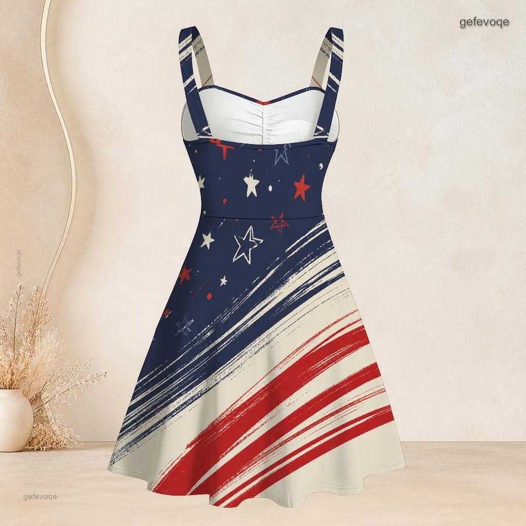 Women Plus Size Spaghetti Strap Off Shoulder Dress Glitter Wave Star Firework Holiday Print Swing Dress